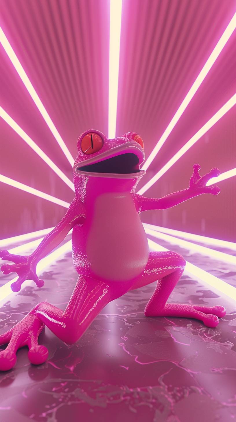 Pink Pepe the frog in a posture we want you, 90s commercial, liminal spaces, Neo Geo, neo-geometric, Memphis design