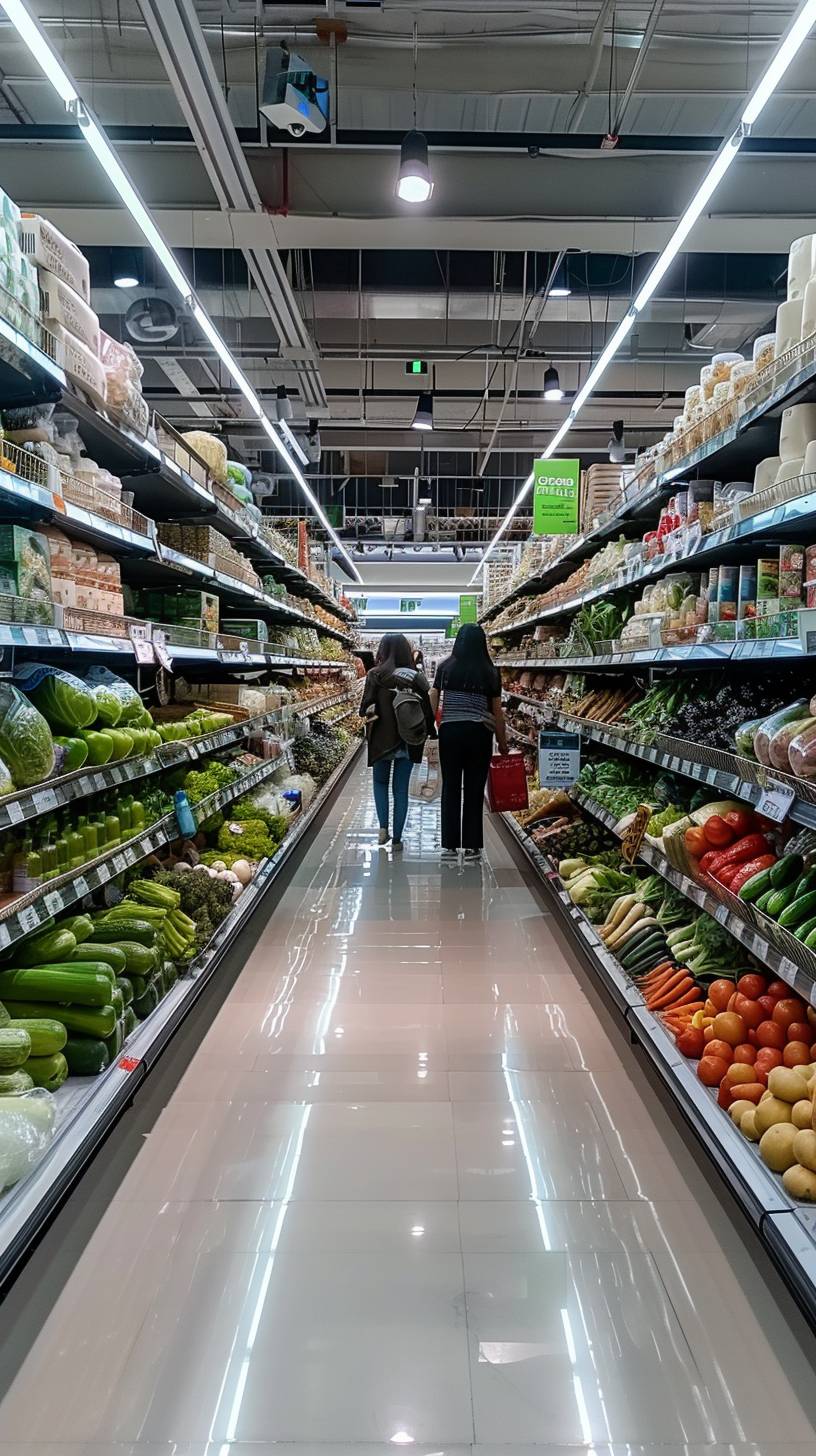 Big supermarket with a vast space and shelves filled with goods on both sides. There is a wide aisle in the middle. It is a big grocery market with vegetables displayed on both sides. There are several groups of people. It is a reality scenario with different kinds of vegetables and bright, colorful lights. The scene is busy, captured from a wide angle and perspective view. The arrangement is orderly, and there are shopping baskets and price tags.