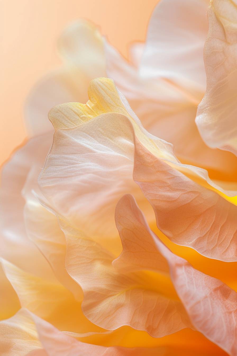 Closeup of petal material, soft peach pantone color background, semitransparent, translucent petals with subtle yellow accents, blurred edges, macro photography style, Nikon D850 used for high-resolution details and texture, focusing on the delicate textures of flower petals.