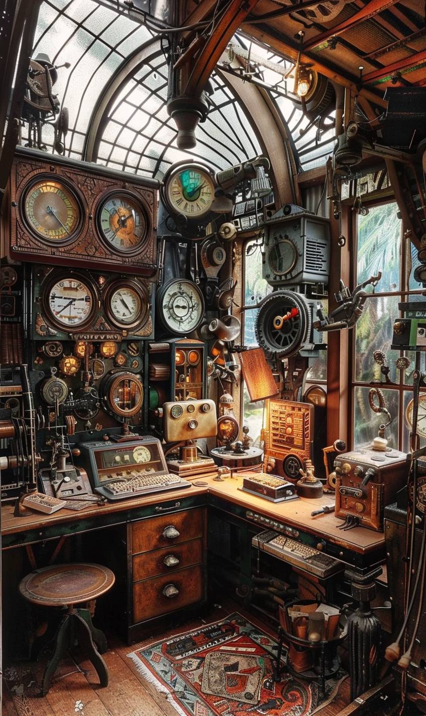 In style of William Russell Flint, Steampunk inventor's workshop filled with gadgets