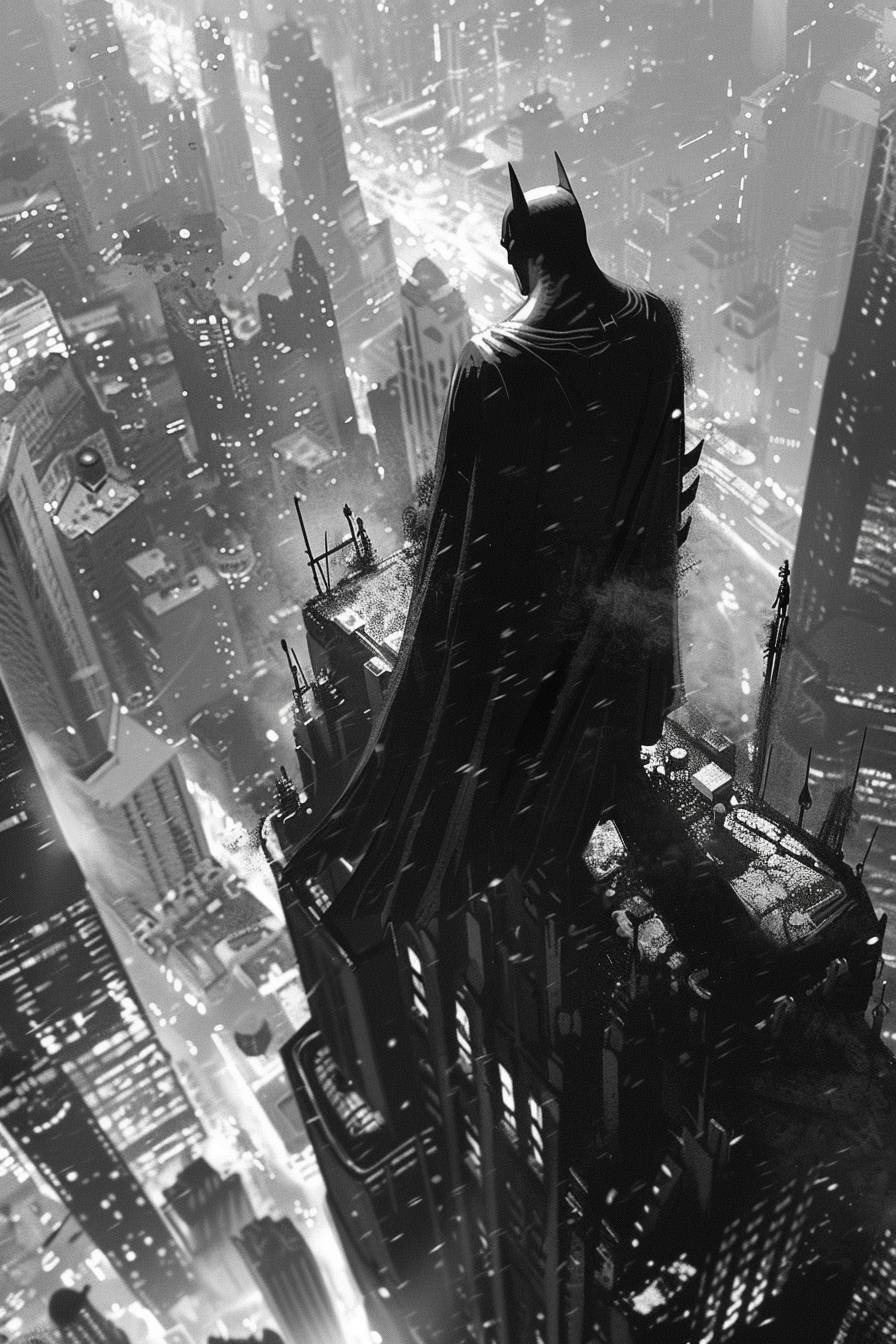 The Batman on a high building watching the city, vertigo --ar 2:3  --v 6.0