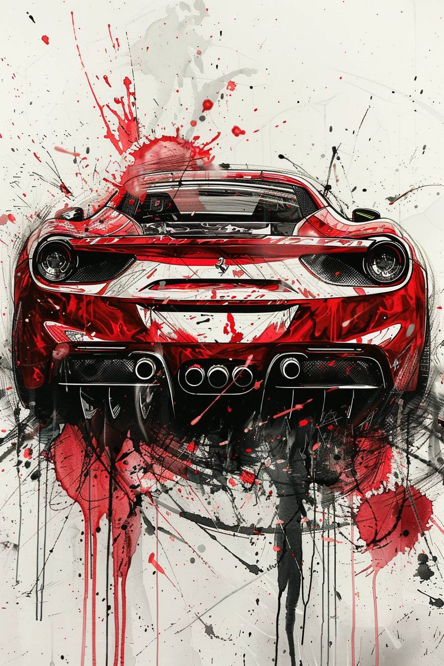 赤と黒のペイントで描かれたスポーツカーのスプラッターペイント、白の背景、中央に配置、滴り落ちる効果を生かしたアート。フラットで2D、細かい筆触、芸術的で表現豊か。