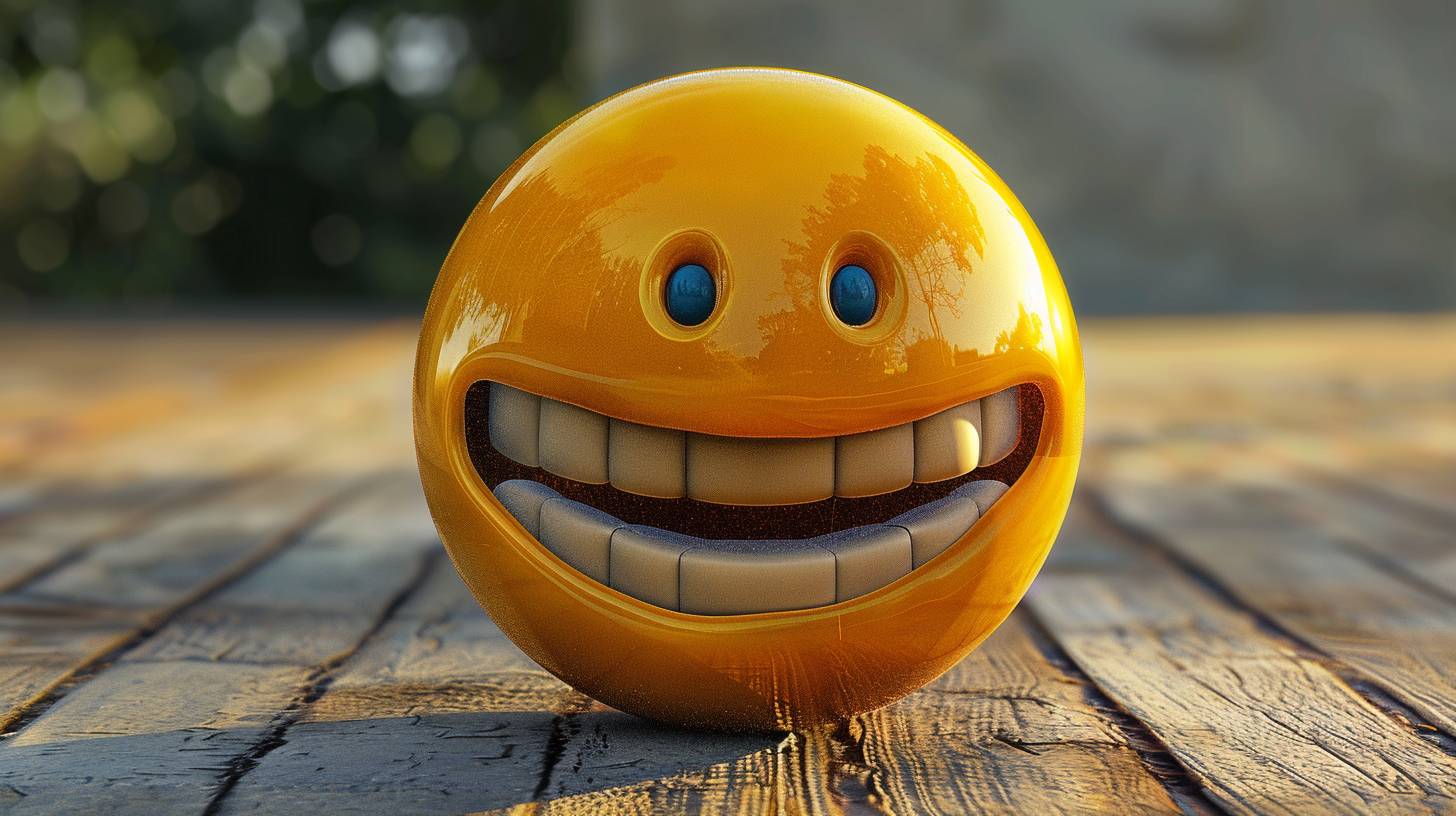3D黄色のボール、幅の広い口元で微笑む、hdr