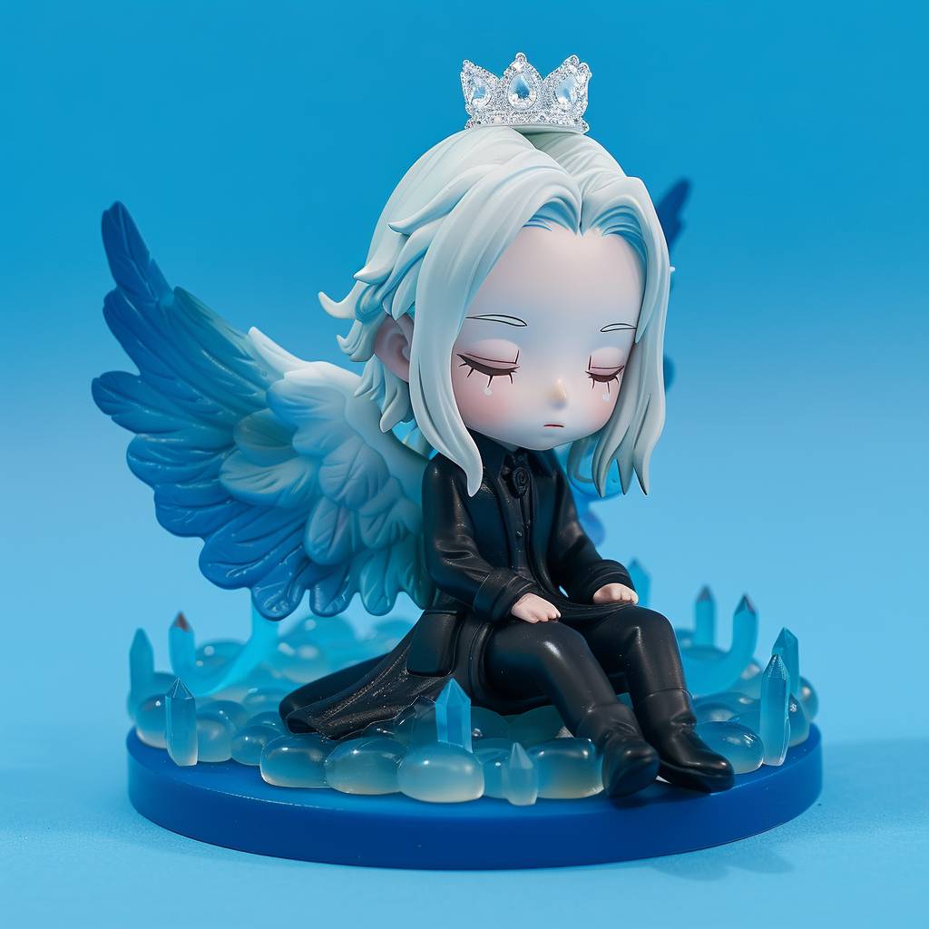 IP by pop mart, blind box toys, 1 girl, blue eyes, vampires, one eye closed, white hair, Wearing a crystal crown on his head, Sitting on jelly, angel, Crystal Wings, Blue gemstone, blue background, sitting, best quality, very aesthetic, 8k, without text