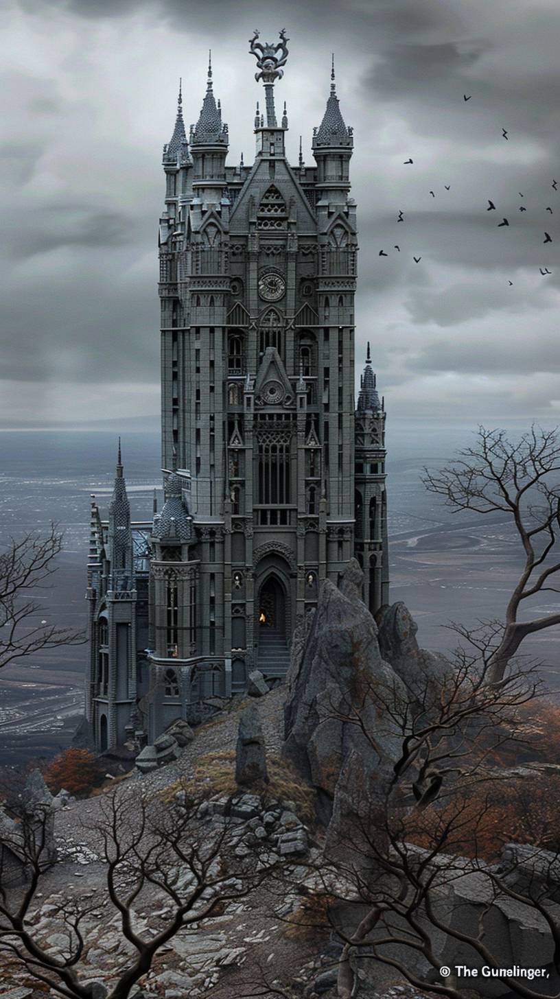 Lego blocks; dark, imposing lines; monumental, foreboding forms; sharp, angular angles; muted color palette with shades of black, grey, and deep blue; depiction of the Black Tower from Stephen King's 'The Gunslinger,' emphasizing realism and architectural grandeur; the tower looms ominously over a desolate landscape, surrounded by twisted, dead trees and rocky terrain; wide-angle perspective with the Black Tower as the focal point, dominating composition; dramatic, high-contrast lighting with deep shadows and eerie glows; detailed textures of ancient stone, weathered surfaces, and an oppressive, haunting atmosphere.