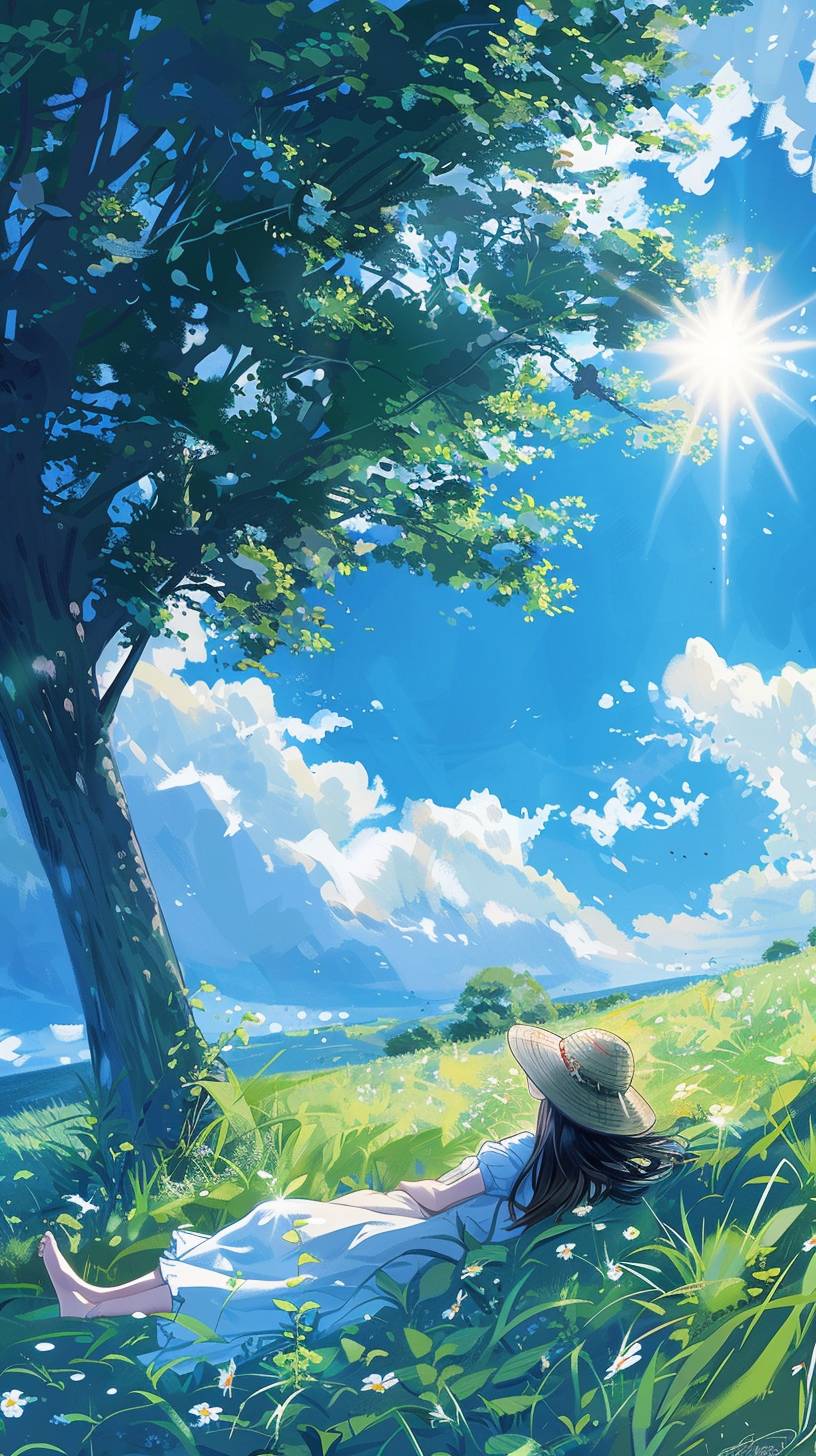 The bright sun and light in the sky. The light is shining all over, reflecting and sparkling. In the center is a girl wearing a white dress, straw hat, and dark long hair, lying under a tree in a bright green meadow. Ghibli-like illustrations. It's summer, the weather is sunny, and the river water is light blue reflecting the sky with clouds in the blue sky.