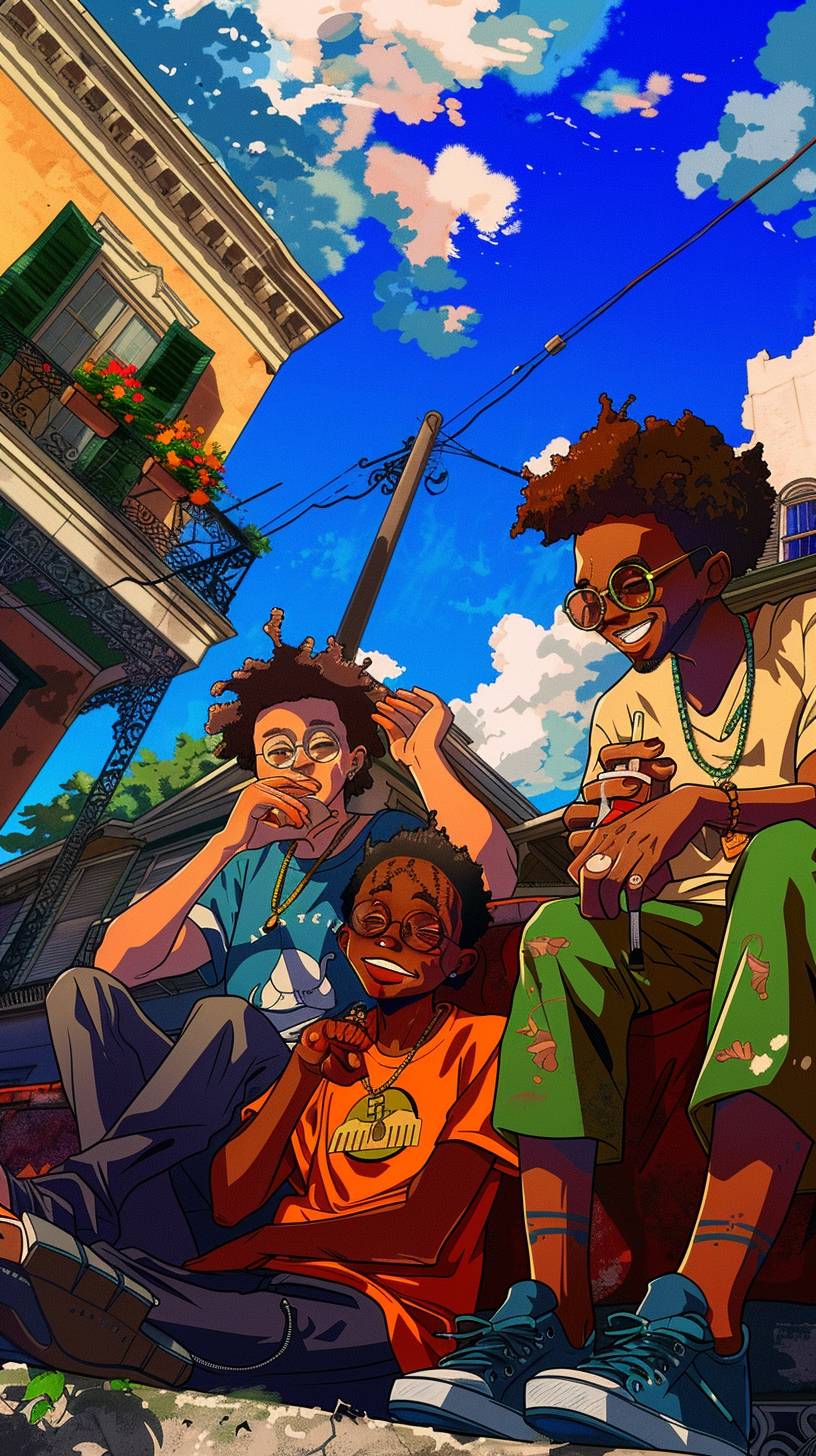 Anime-styled illustration in a blend of Boondocks cartoon and Pixar styles, offering a gritty yet vibrant atmosphere set in a cozy, lively New Orleans neighborhood. The narrator, with a warm smile and a unique anime appearance, is surrounded by people sharing happy moments. Designed for YouTube Shorts. 4k resolution, version 6.1