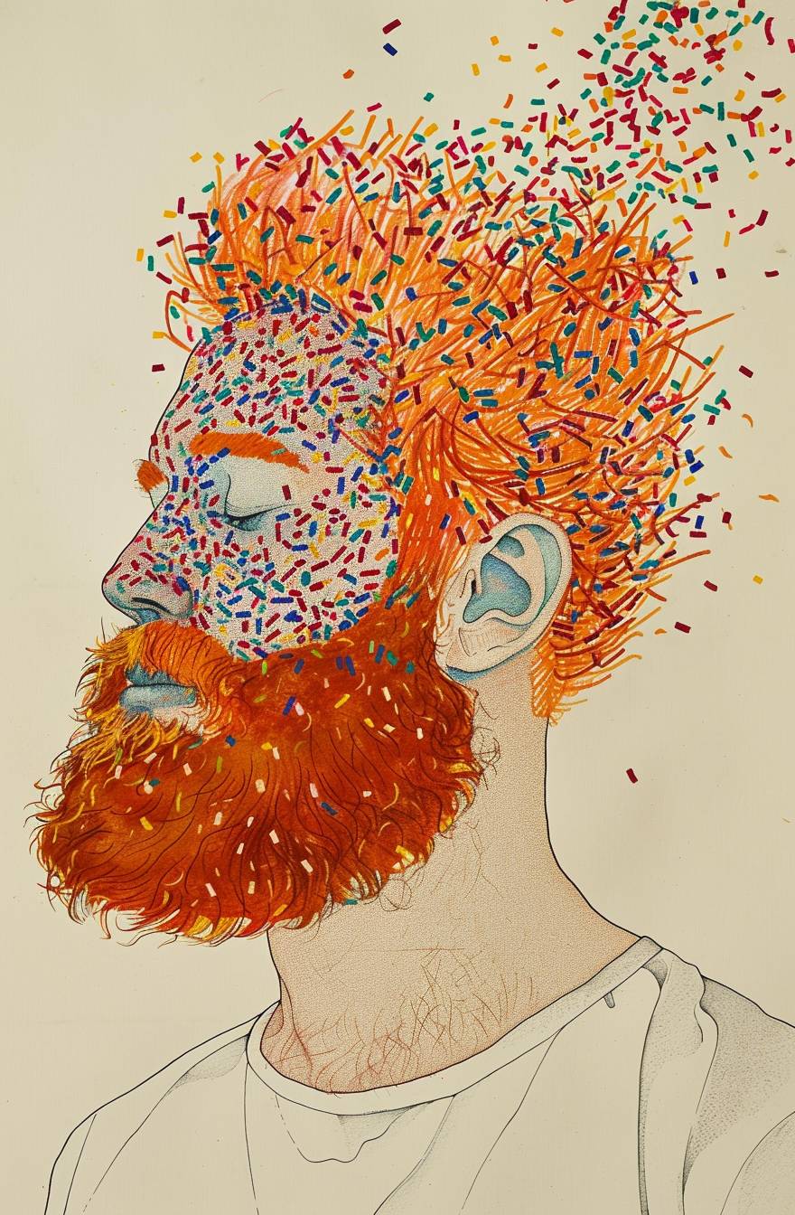 A drawing of the face and upper body of an orange-haired man with a beard, his head is made up entirely of colorful confetti, created by John Brack in pastel colors on a white background, simple, minimalist, whimsical