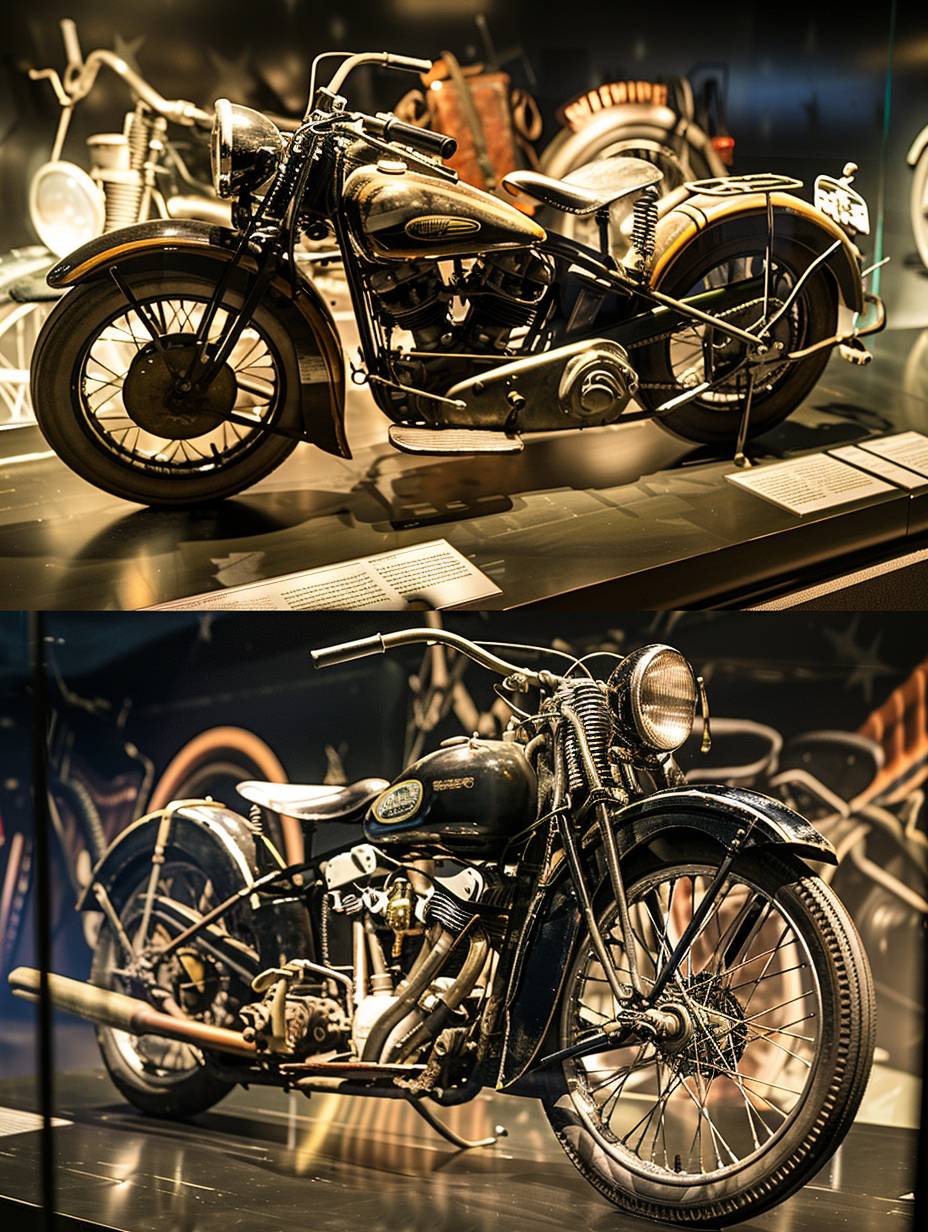 A vintage motorcycle on display, front and side view