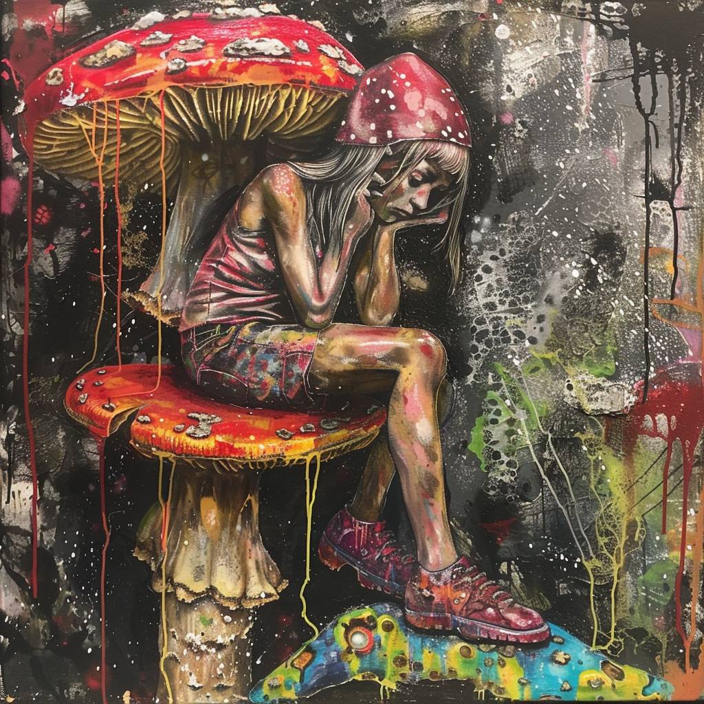 Pixie sitting on a toadstool, whimsical acid nightmare psychedelic LSD, melted