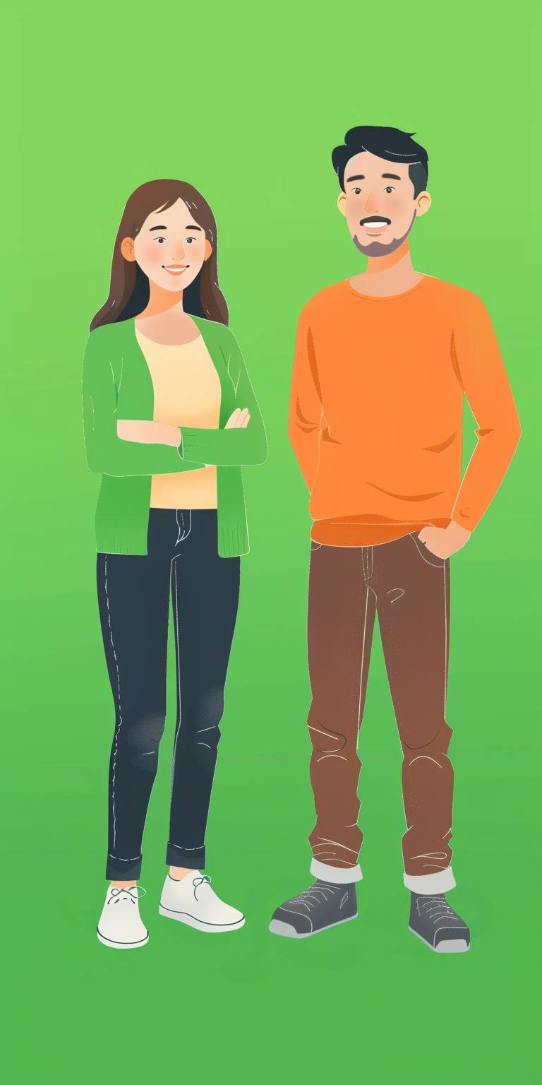 Invalid aspect ratio: 2.1 (Should be W:H, for example 16:9) Avatars of a Japanese woman and a Japanese man in their early 20s are smiling side by side. The background is green screen. Drawn like CG animation. Full body image from feet to head --ar 1:2  --v 6.0