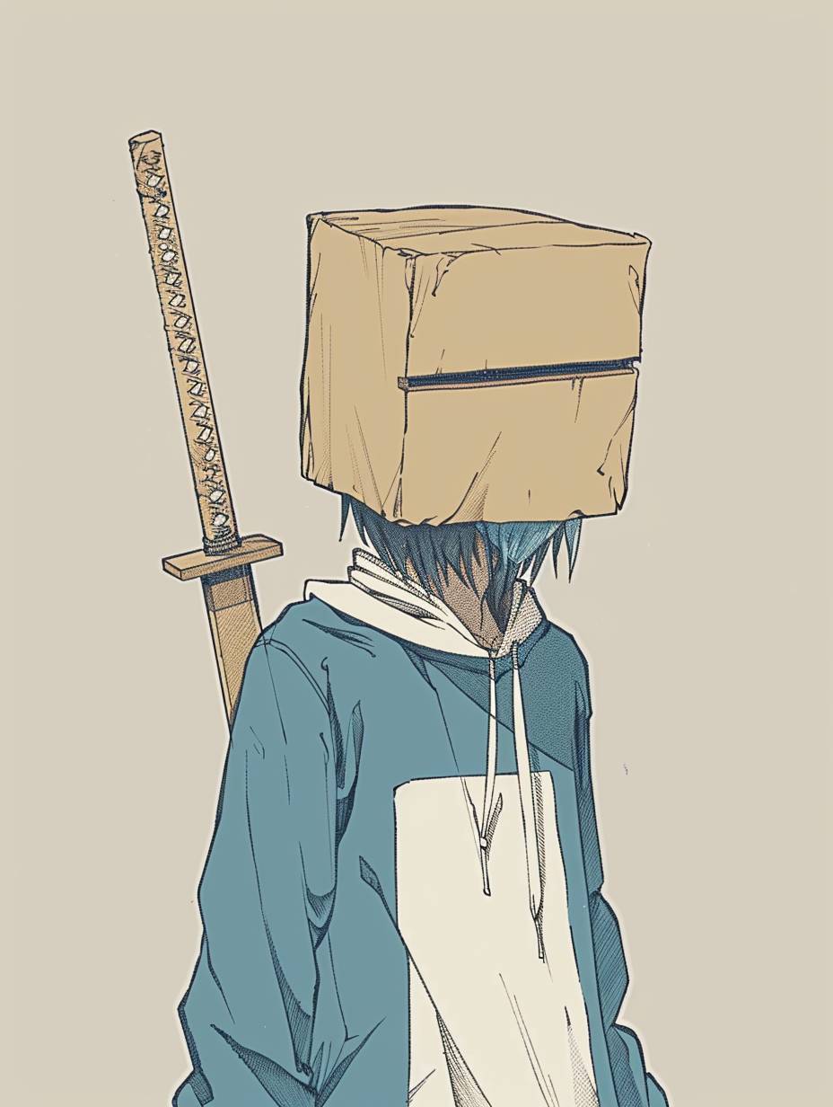 A simple cartoon drawing of an anime character wearing a blue and white long sleeve shirt with his head covered in a square paper bag, holding a wooden sword in his right hand. The background is a plain light grey. Minimalistic style.