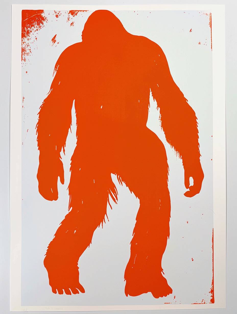 Sasquatch, silkscreen printing, retro poster art, Milton Avery style, simple/minimal, 1960's, bright and vibrant, funky/groovy, cloudy/bloated forms, flat shapes, simple/minimal, hand-crafted art, plain background