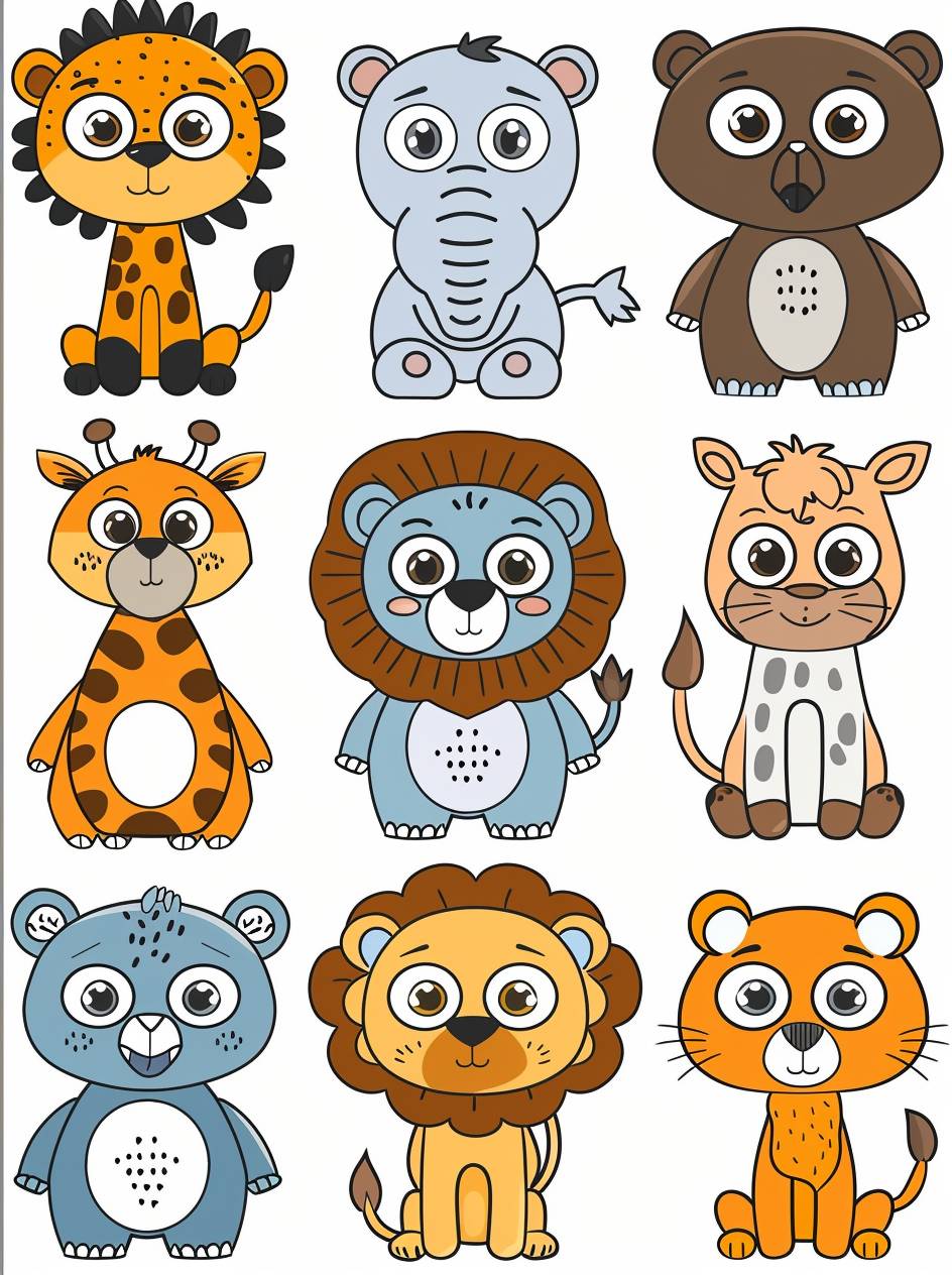 A page of cute cartoon animal character designs, each with simple line art and a color palette of black and white, grey, or vibrant blue outlines. The characters have unique features like big eyes, long necks, beards, mustaches, etc., arranged in rows on the sheet, ready for coloring in the style of children. They include animals such as giraffes, penguins, lions, tigers, flamingos, elephants, and more. Each creature has different expressions and poses to add personality to their design. Black outline only.