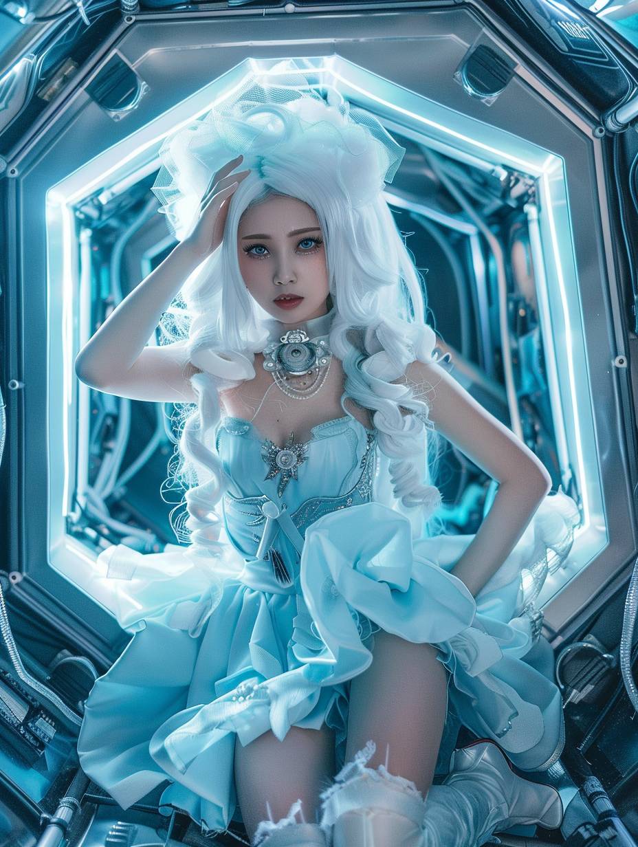 A photograph of an Asian woman with white hair, a puffy, curly, cloud-like hairstyle, wearing an ice blue dress and boots, inside a spaceship with intricate lighting.