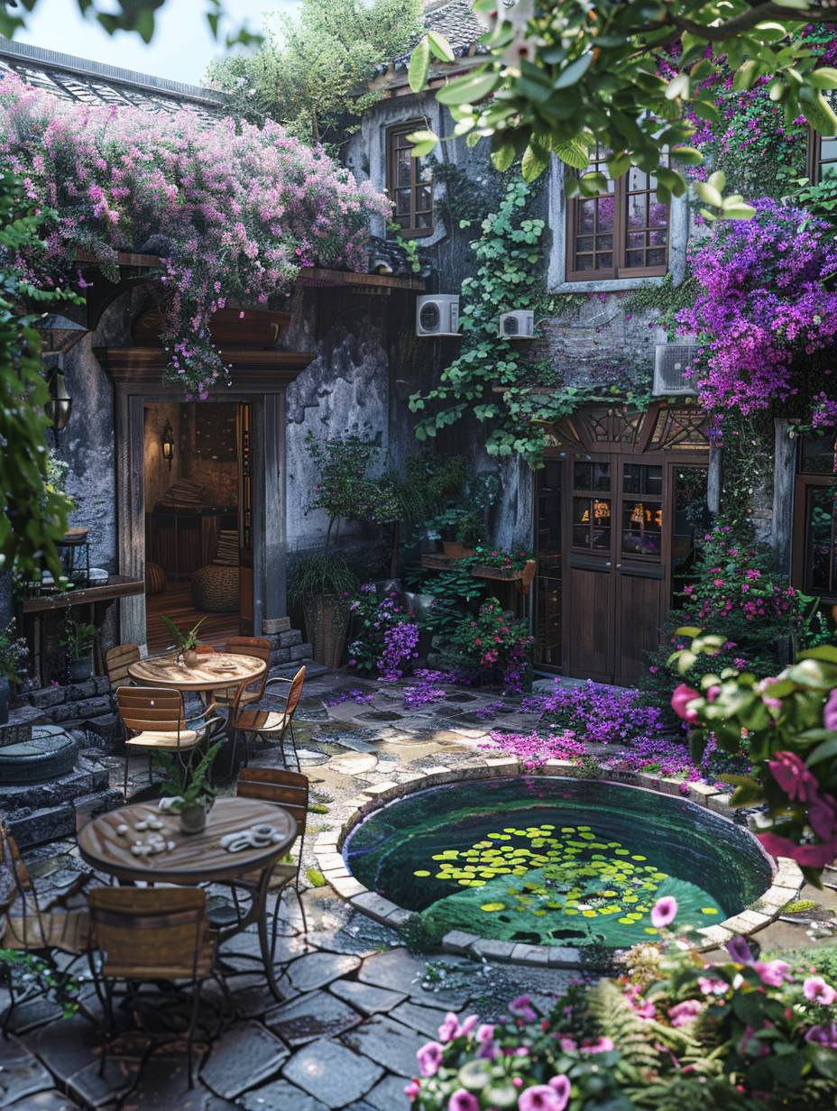 A dream of a small house in an ancient Jiangnan town, with a courtyard featuring a stone brick floor and a water lily pond. Tables and chairs are placed on the edge of the pool, surrounded by blooming purple petunias and pink roses, with green plants planted inside, overlooking with a bird's eye view. The style is raw.