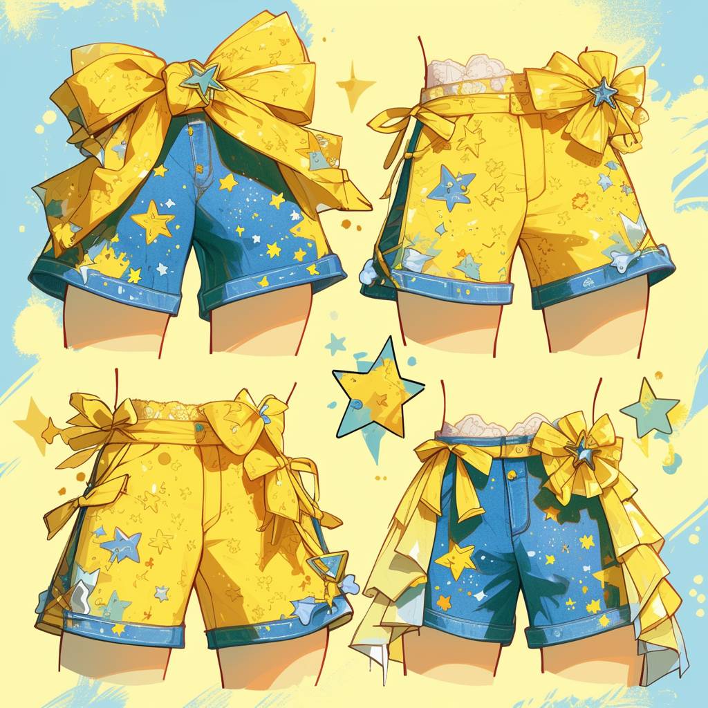 Mockup fashion design of shorts with star-shaped hems and star belt, yellow with blue denim, bright and vibrant, cute Harajuku style