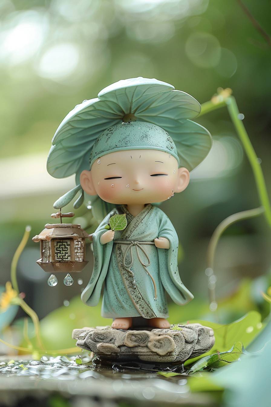 Design a toy figurine of a young boy with a calm and serene expression, made of smooth and matte PVC and ABS materials. The figurine should have simple facial features and incorporate traditional Chinese clothing details, including unique accessories like a leaf hat and water droplets. Utilize natural lighting to enhance the figurine's soft appearance. Place the figurine in a clean, natural environment with a blurred background to create a tranquil atmosphere. The figurine should be holding a lantern with intricate carvings, emitting a soft glow, and adorned with detailed and distinctive accessories such as a leaf-shaped hat and small water droplets, enhancing its realistic and artistic look.