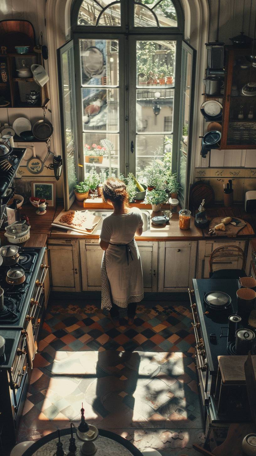 Aerial view. Full-length shot of a walking female French cook in her big kitchen. Intricate details. Window's shadows.