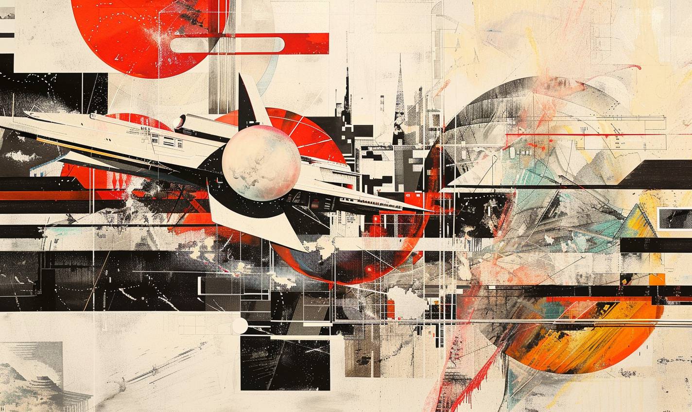 In the style of El Lissitzky, a cybernetic cityscape teeming with artificial life