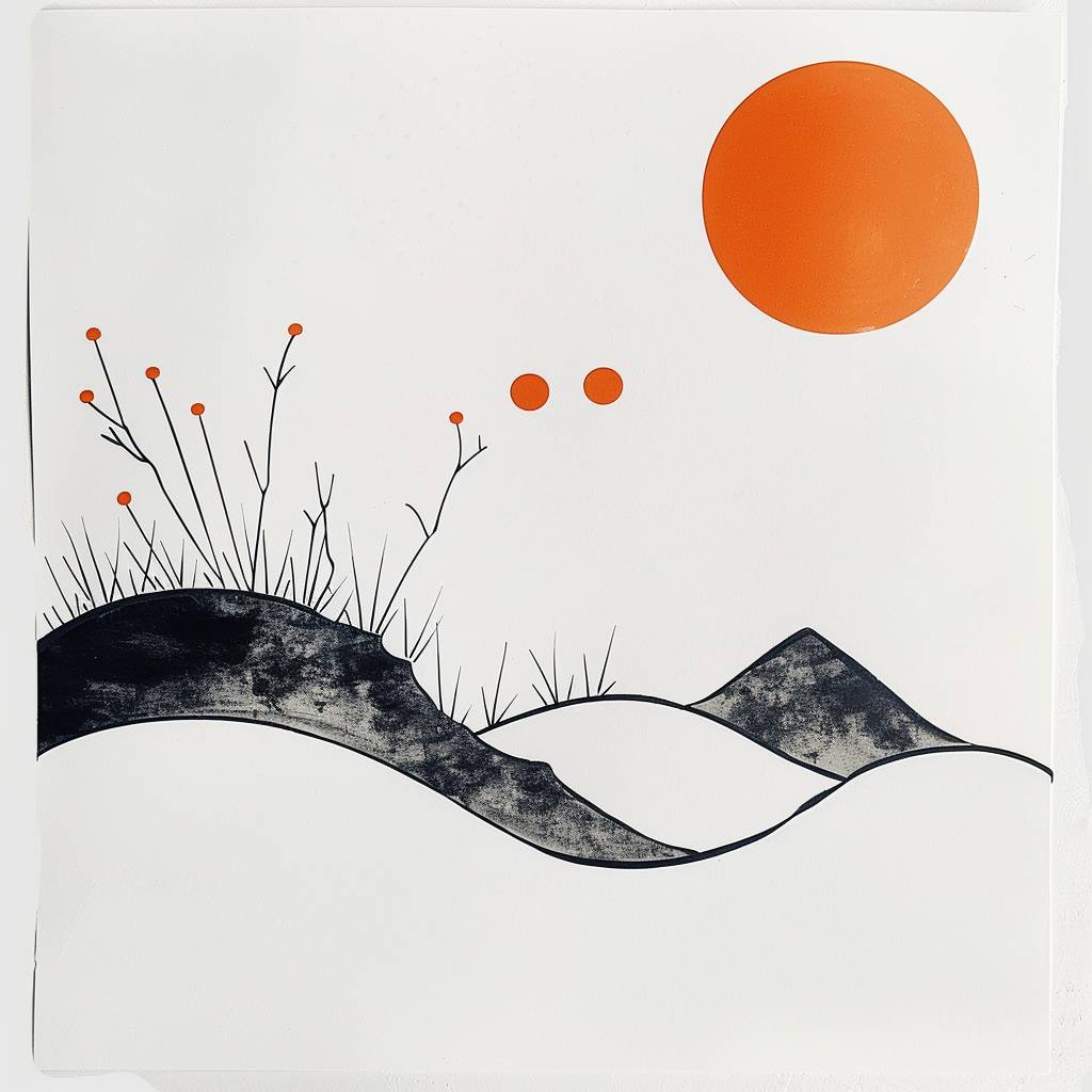 A poster with simple line drawings of the Mid Autumn Festival by Paul Rand. It features simple lines depicting an orange full moon, Chinese landscape painting, and minimalist lines of orange suns in the sky. The background is white paper. A warm color scheme emphasizes the harmony between nature's changing seasons and simplicity.