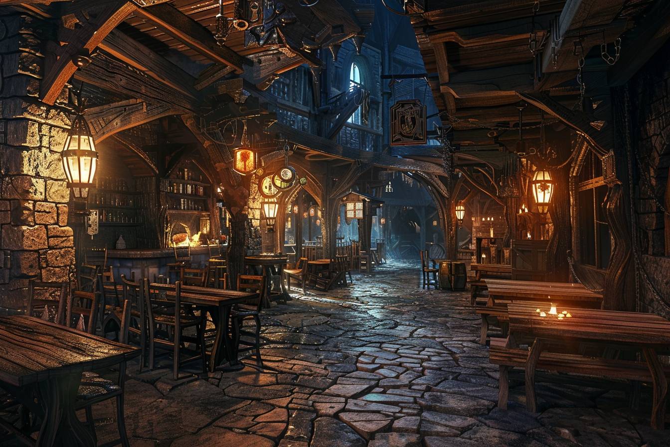 An old street in a medieval JRPG setting, the tavern is well lit and hints at a lively interior, Dino Valls, spatial perspective concept art, lively street scenes, Luke Fildes, UHD image, Feng Zhu, Masamune Shirow, renaissance --ar 3:2 --v 6.0