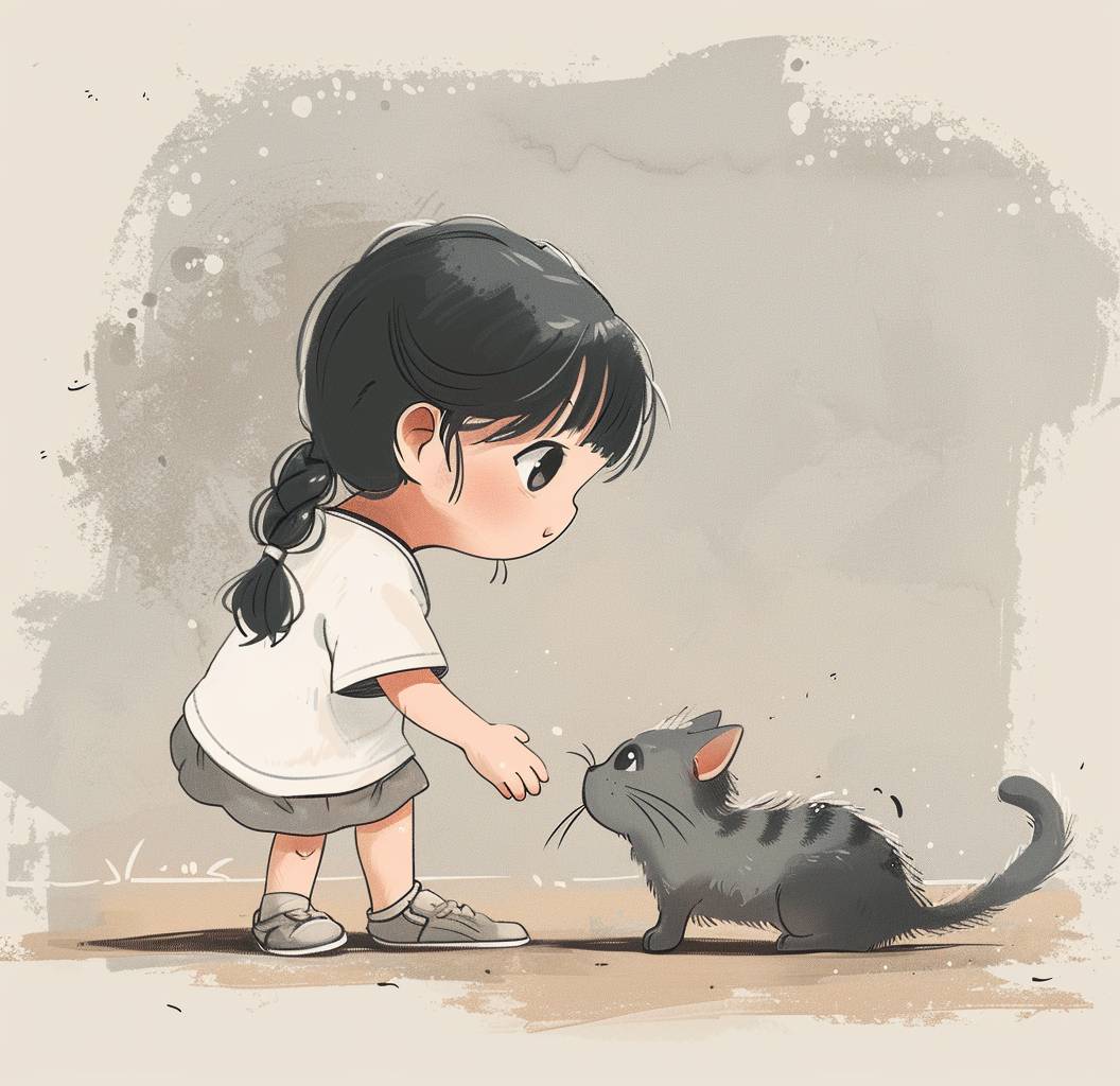 A cute little girl with black hair in braids, wearing a white short-sleeved shirt, is standing next to her cat on the ground, bowing down in front of it. The illustration style features soft lines and shapes, light gray tones, flat illustrations, a cartoon character design style, colorful ink drawings, and hand drawn details.