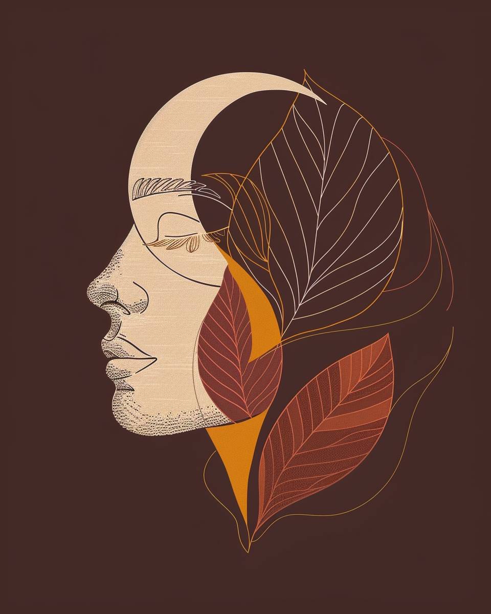 Linear Aesthetic style, an illustration of the shape of an Egyptian sphinx with a moon on her forehead. The main portion consists of a pink burgundy oval shape, with white on top, and two brown ovals attached to the yellow oval, creating ripples that gradually expand, presented in a vector style with a minimalist approach. There is no gender, and no significant lines portrayed. The face is divided in a way where one half is one color, and the other half is a different color. Simple lines, minimalism, opposing colors--ar 4:5  --v 6.0