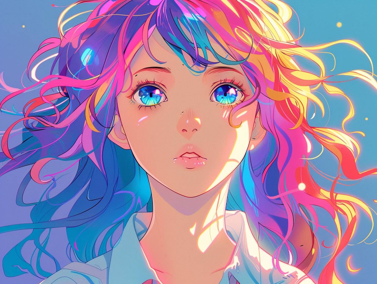 Illustration of a girl, a high school student, with colorful hair, close-up of the upper body, cute, sophisticated use of colors, simple background, inspired by Studio Ghibli.