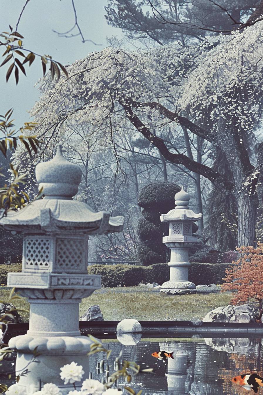 A serene Japanese garden with cherry blossoms in full bloom, stone lanterns, and a small pond with koi fish, soft sunlight filtering through the trees