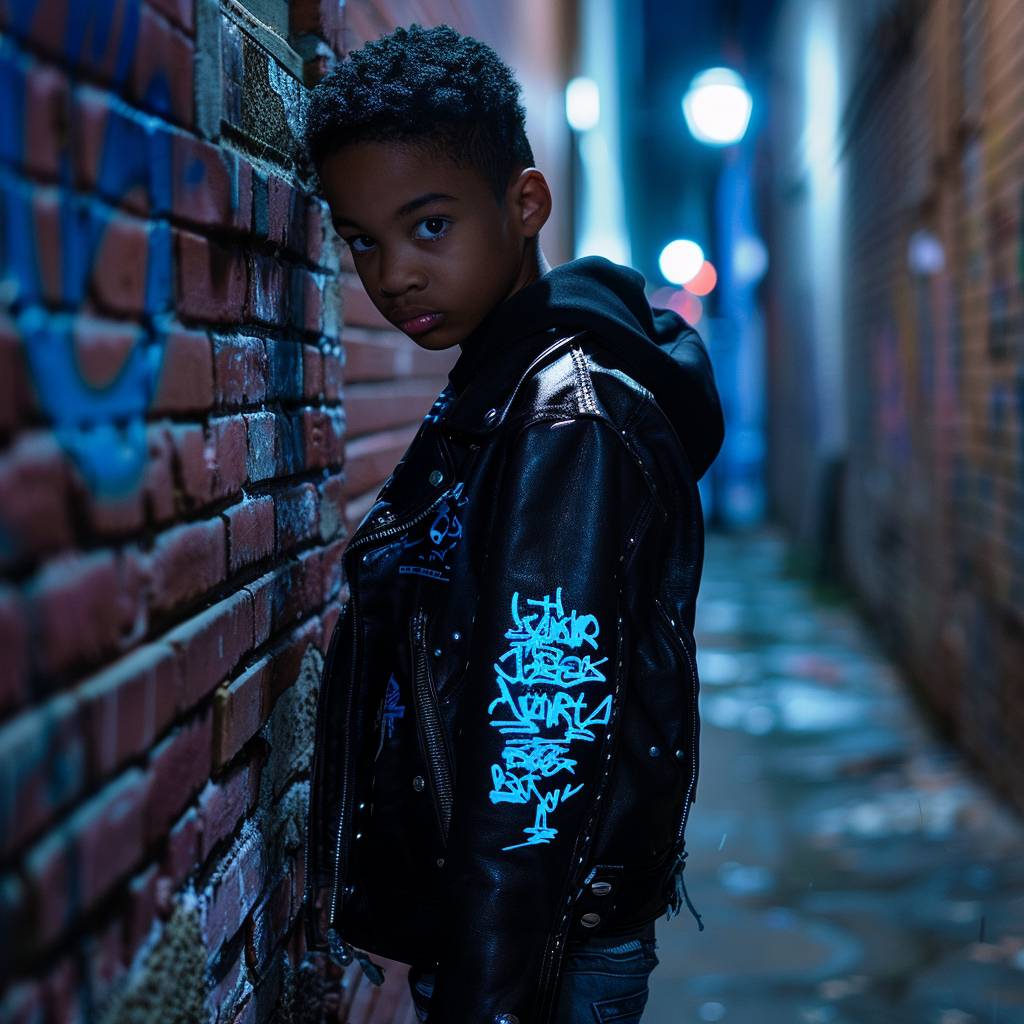 A model child male in a black leather jacket with neon icy blue graffiti-style patches, leaning against a weathered brick wall in a dimly-lit alleyway, bathed in the flickering light of a streetlamp. The wall is covered in graffiti, and the alleyway is filled with shadows. The model's silhouette is highlighted by the streetlamp's light, creating a sense of mystery and intrigue. The model is looking directly at the camera, with a confident expression. The overall mood is gritty, urban, and rebellious --style raw  --v 6.0