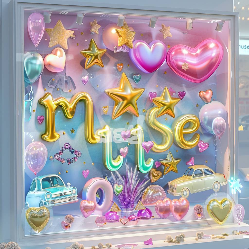 A whimsical and vibrant 3D artwork titled "musesAI" where each playful, colorful letter comes to life with a dazzling array of hues. The artwork is surrounded by charming decorative elements, such as gold stars, floating bubbles, lively cars, and heart-shaped confetti, creating an eye-catching and lively effect. The enchanting gradient backdrop transitions seamlessly from warm pink to cool purple, further enhancing the magical atmosphere. Displayed in an indoor space with a clean white ceiling and gray floor, this captivating masterpiece transforms the environment into a truly enchanting and magical experience. #Reflections Transparent Iridescent Colors -  v 6.0