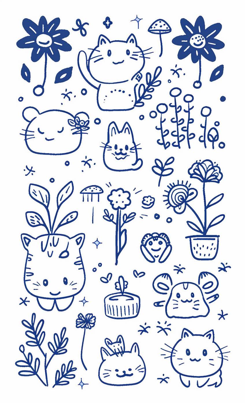 Cute stickers, simple line drawings of cute characters with various symbols and words written on them such as 'Fed povu summer day plants and flowers jump hello my girl how area is so good! Dark blue outline, white background, simple details, minimalism, Japanese manga style. The lines have no shadows or shading, giving it an elegant appearance. A sticker sheet design featuring multiple designs in one artwork. There should be some space between each character for coloring. High resolution.
