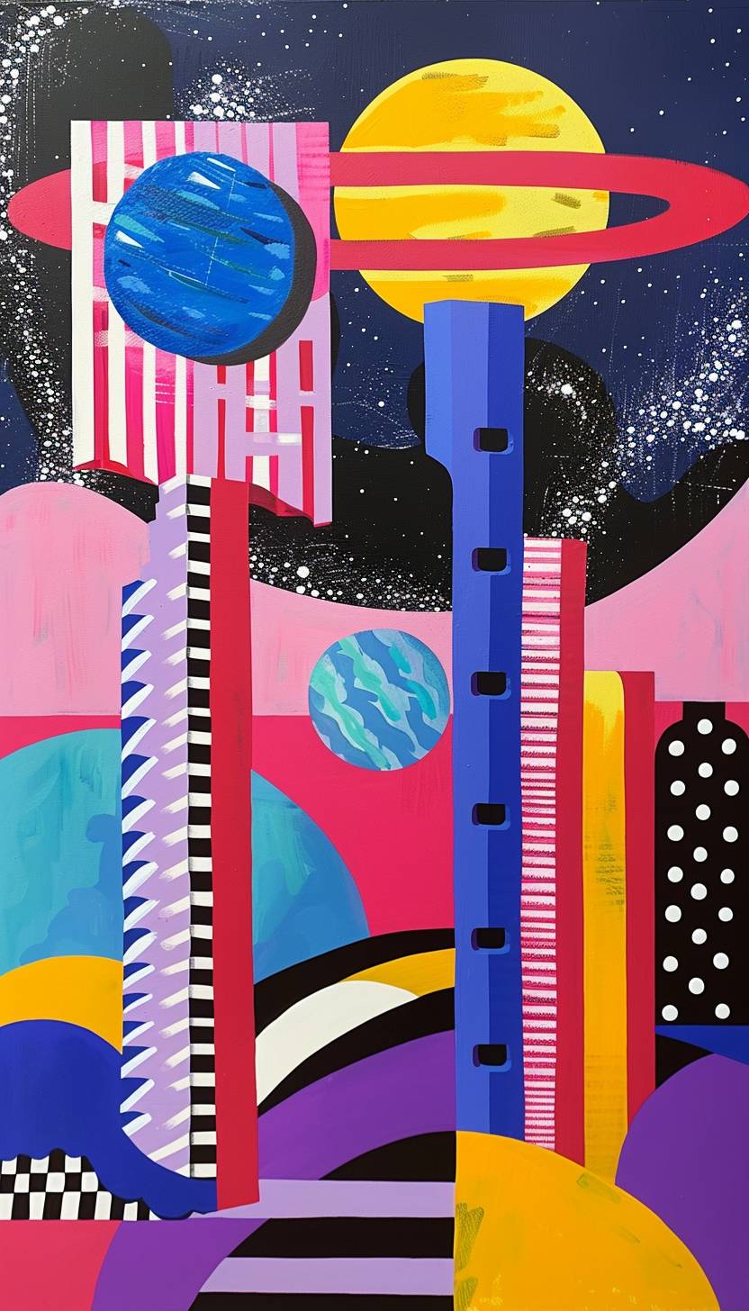 In the style of Camille Walala, a space station orbiting a distant planet