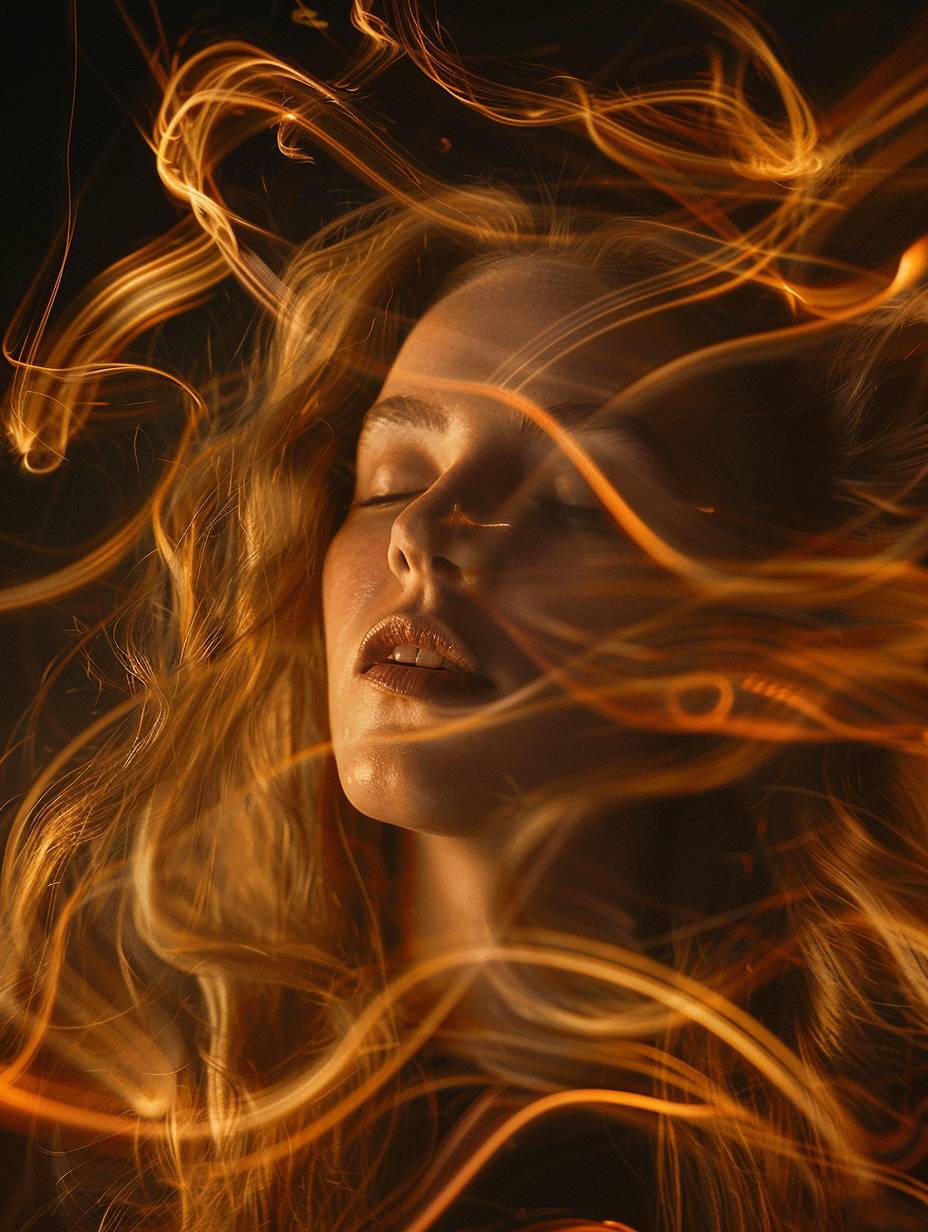 Beautiful woman with long hair, long exposure, dark background, light painting in amber, close-up, light orange hues, blurred brushstrokes, blurriness, wind, and blonde curls.