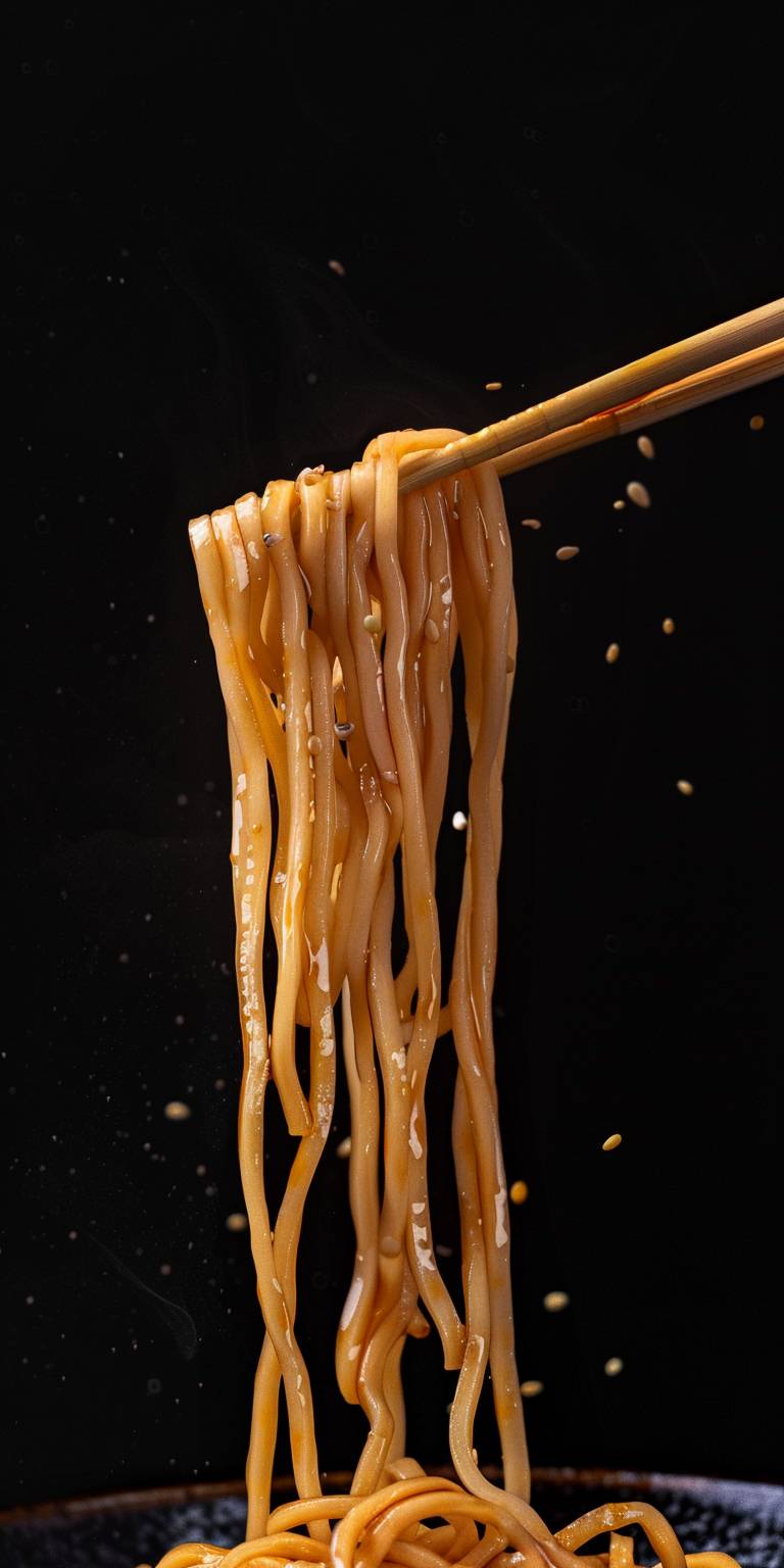 Refined product pictures, 5 neatly arranged noodles, using chopsticks to pick up a few neatly long noodles in the air, a small amount of noodles, food shooting, attractive, black background, advanced sense, ultra-high quality, presented in 16k resolution