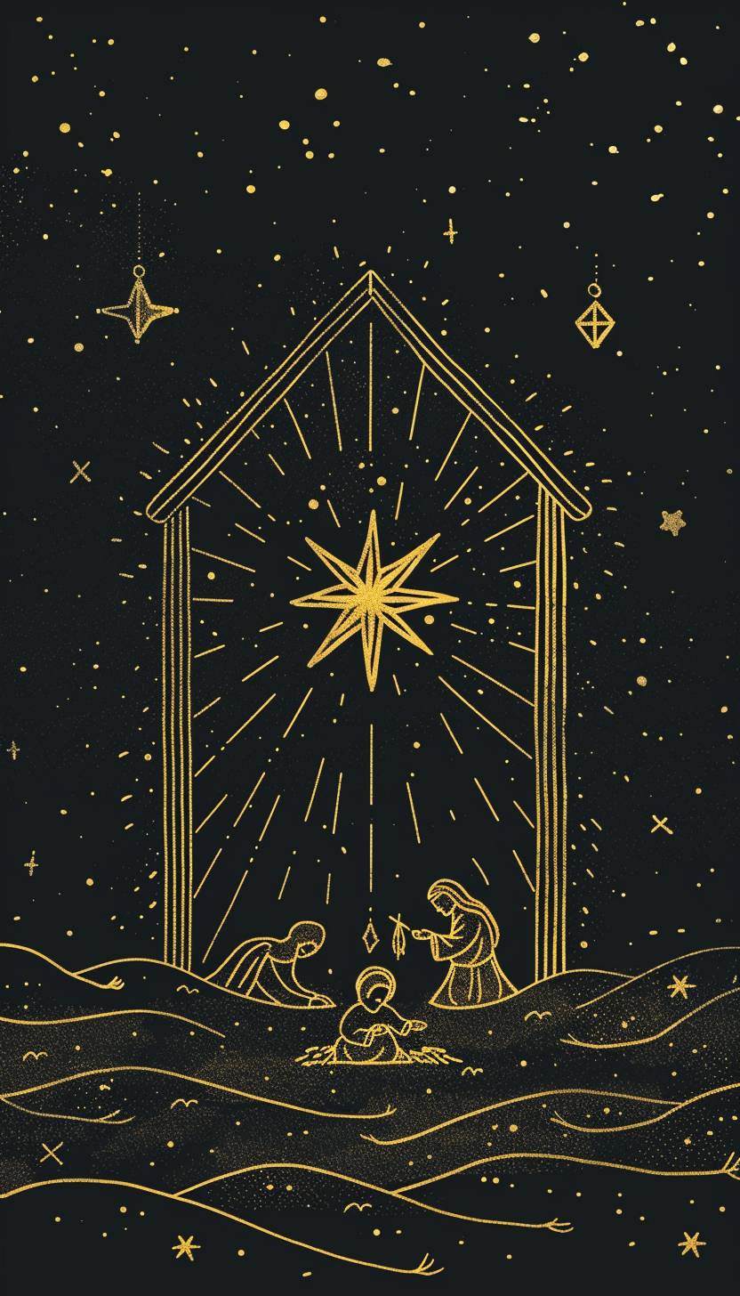 星と降誕シーンの抽象的な線画の最小限の本のカバーイラスト