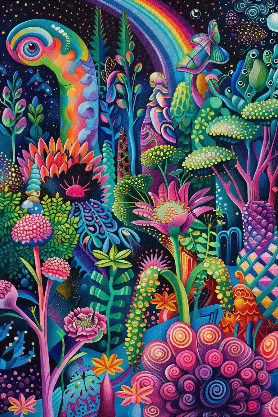 An enchanted garden with flowers, trees, and animals composed of bright, geometric patterns. The plants and creatures have a 3D appearance, giving depth to the garden, a patterned sky with a rainbow.
