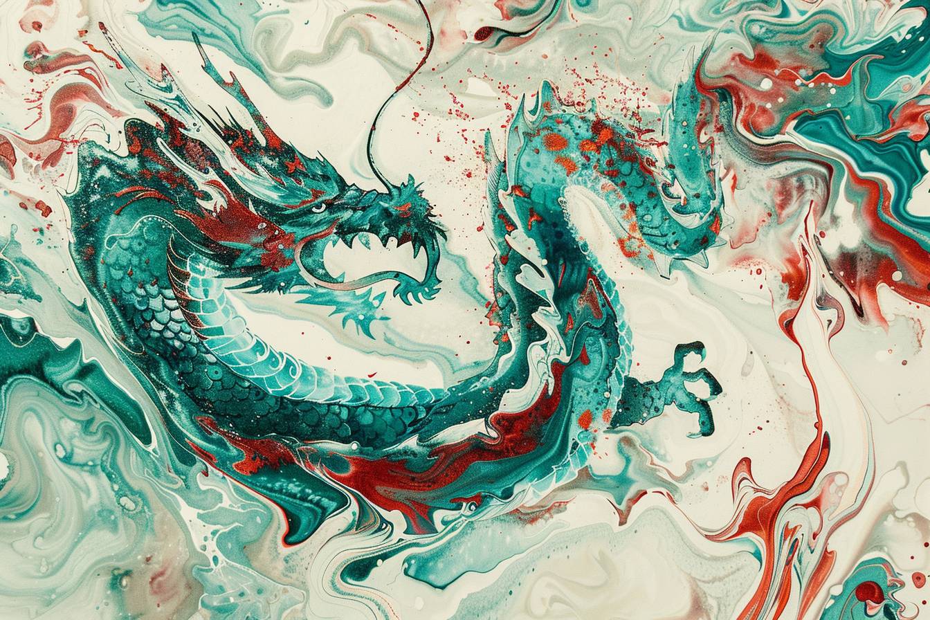 Dragon captured in abstract art, featuring swirling crimson and teal patterns