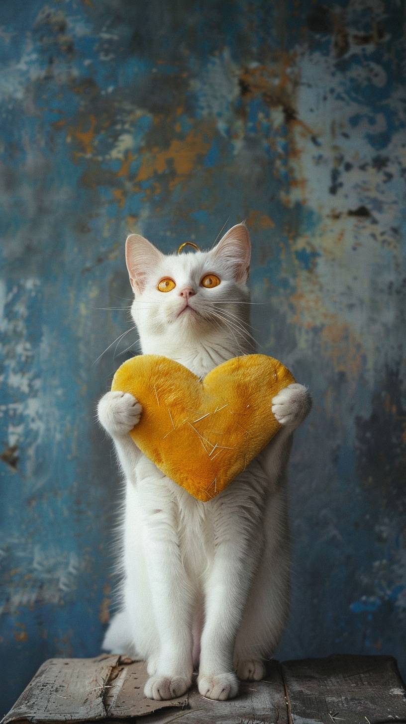 A real cat photo, a neat background, a nice cat standing with open arms like a human, a full-body photo staring straight ahead, a headband with a large yellow heart motif, and a white cat