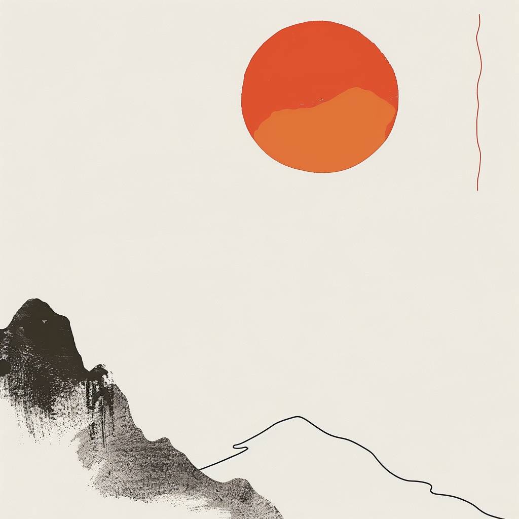 A poster with simple line drawings of the Mid Autumn Festival by Paul Rand. It features simple lines depicting an orange full moon, Chinese landscape painting, and minimalist lines of orange suns in the sky. The background is white paper. A warm color scheme emphasizes the harmony between nature's changing seasons and simplicity.