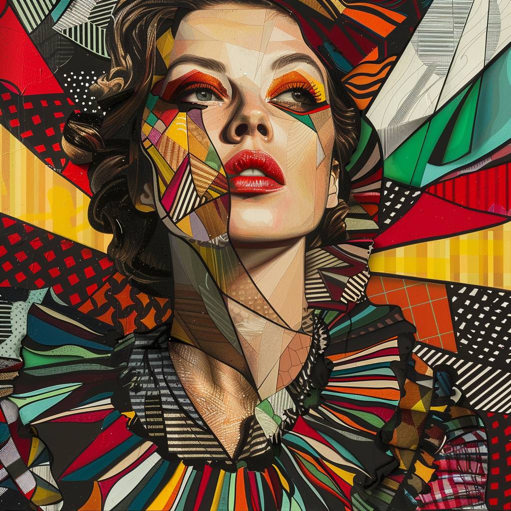 A striking stunning woman with features reminiscent of Neo-Renaissance art, depicted in vibrant Pop Art style dress with bold colors, exaggerated features, and a dynamic composition.