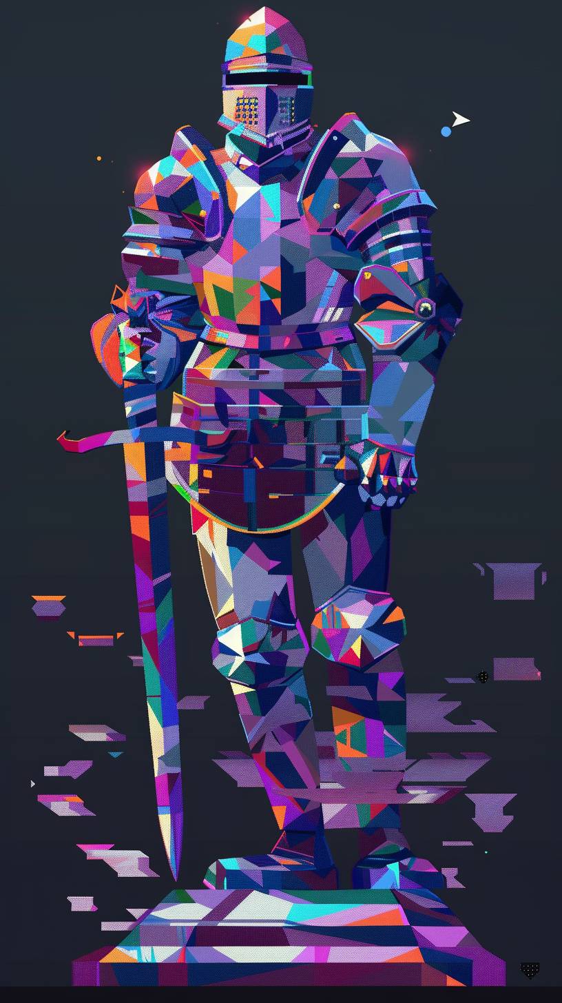 A pixel art of a templar knight statue with battlefield, rendered in colorful shades. The composition is simple yet visually appealing with its clean lines and geometric shapes.