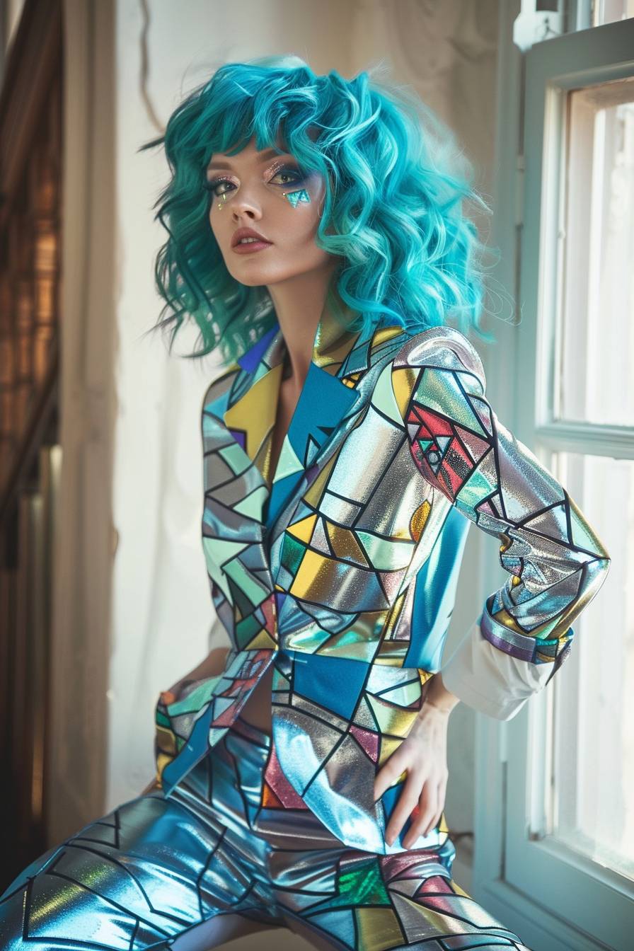 輝かしい青い髪を持つ若い見事な女性は、レトロフューチャリストのダダイズムを思わせる幾何学模様が施された金属製ジャンプスーツを着用しています