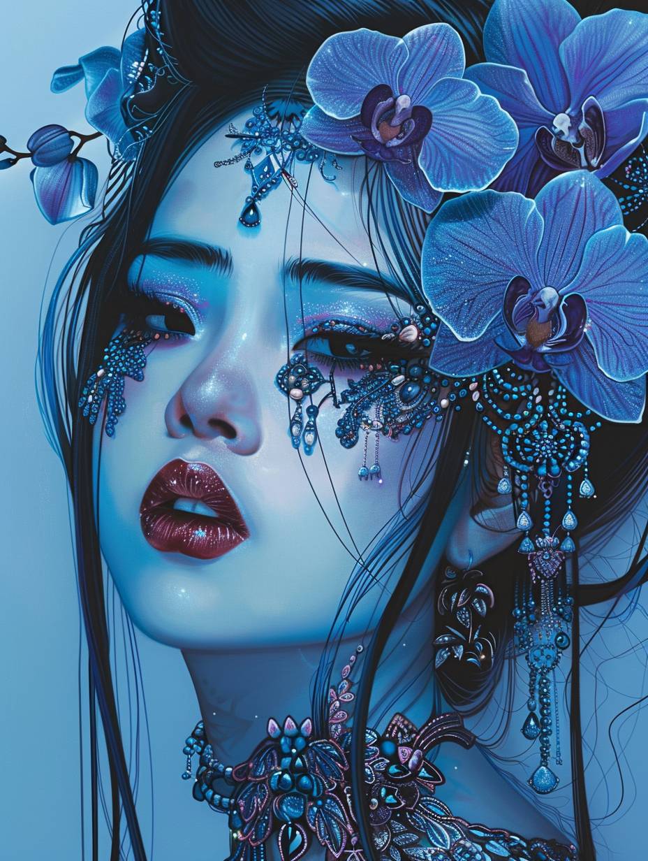 Illustration, a gorgeous beautiful girl, black hair, black eye, wearing traditional wear, artwork on pixiu, extremely bold outline, blue, acrylic painting, Orchid, wearing orchid hair accessories, ultra detailed, high quality, 8K.