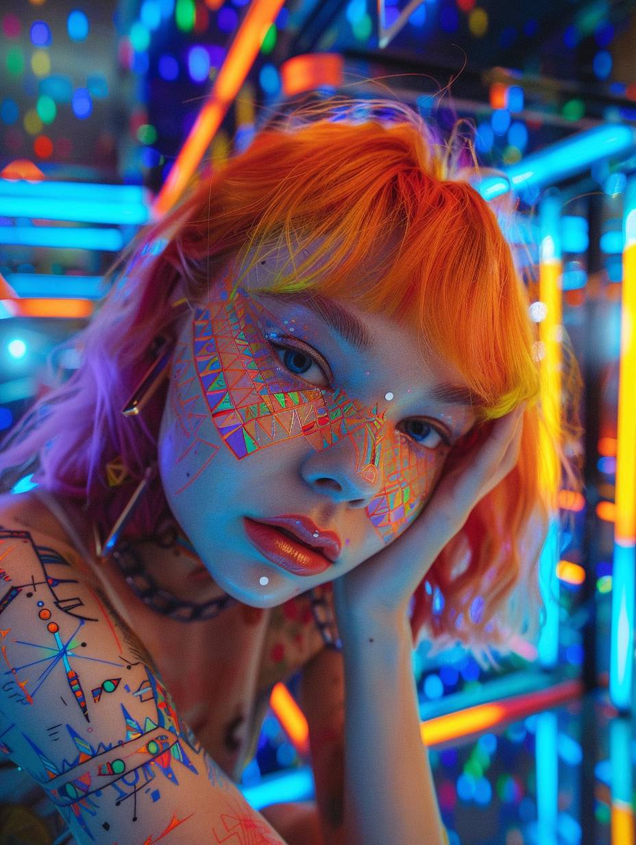 A young woman with vibrant neon hair and geometric Art Deco patterns painted on her face, posing in a surreal, dream-like setting with mirror-like floors and walls reflecting her image.