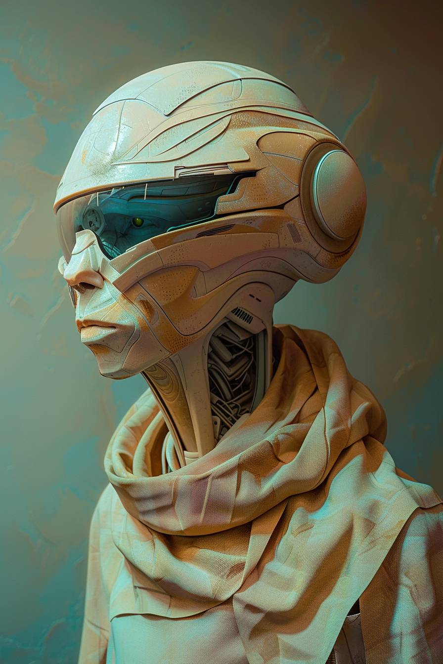 In style of Beeple, character concept design, half body