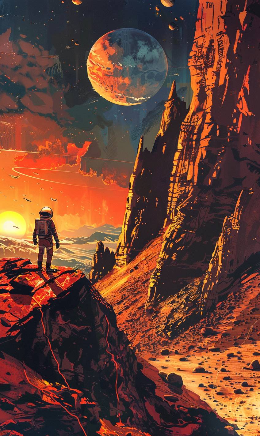Astronauts on Mars, red alien landscape, massive sunset, giant planets in sky, steep rock formations, reflective visors, space exploration, high contrast, digital art, vivid colors, long shadows, solitary, serene, hyper-realistic watercolor painting, graphic novel style