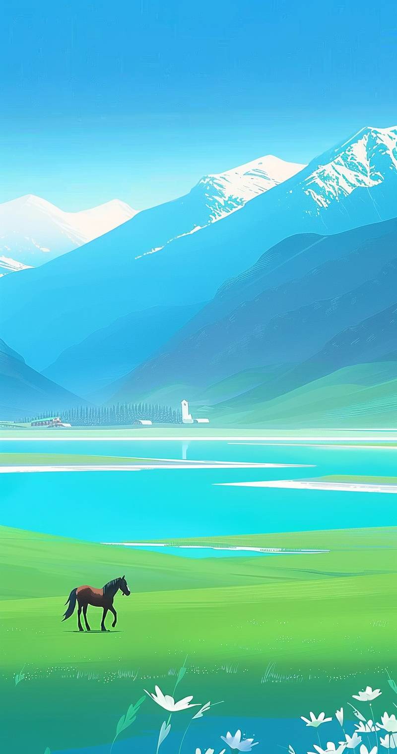 In the spring, there is green grass on both sides of the river with snowcapped mountains in the distance and a clear blue sky. A horse walks alone by the lake, surrounded by vast meadows and distant villages. The flat illustration style creates an atmosphere full of vitality. It uses bright colors to highlight fresh natural scenery. In closeup shots, you can see that it presents delicate lines and soft lighting effects. This scene seems like a picture drawn from nature itself, in the style of nature itself.