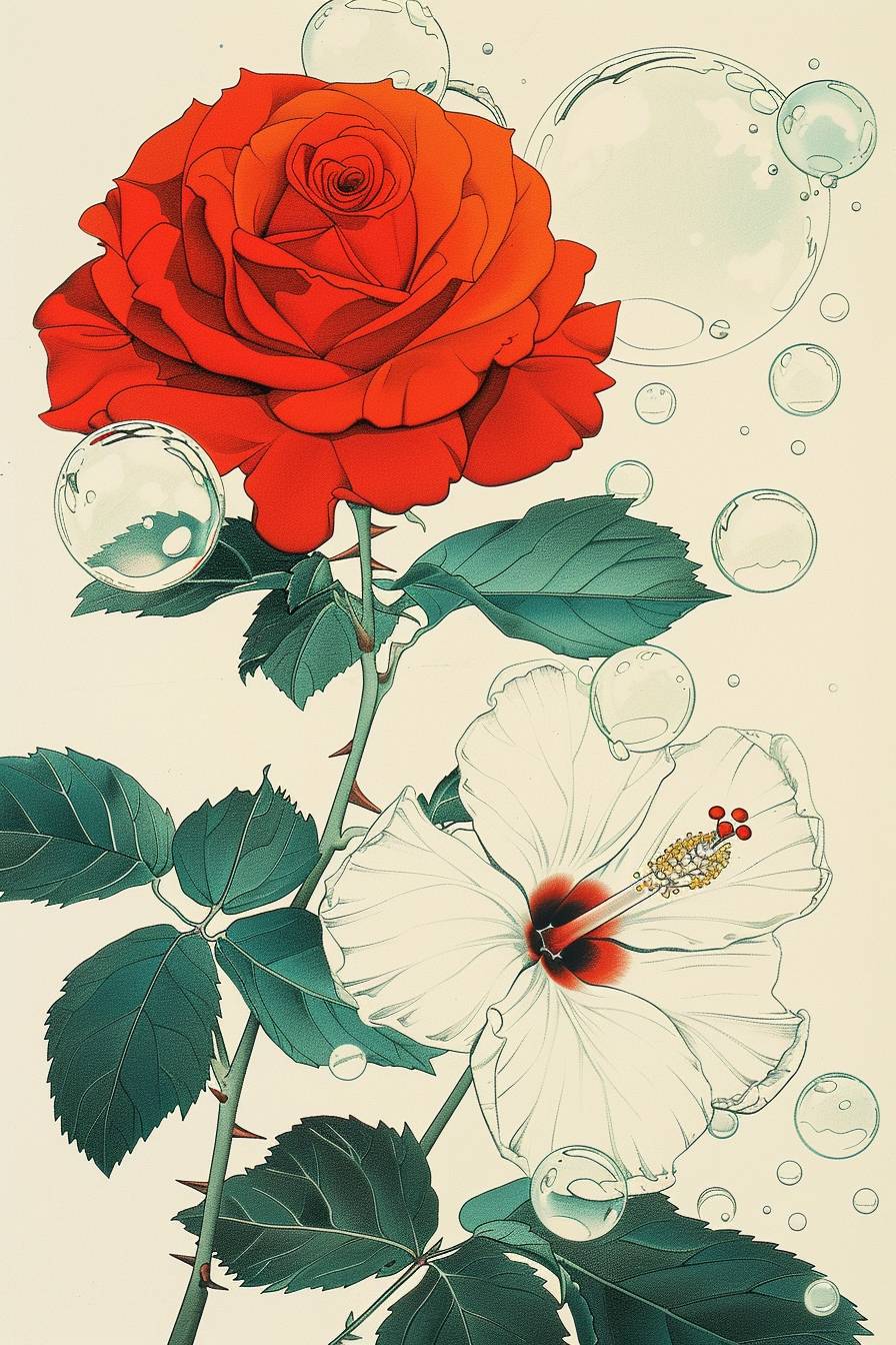 Border illustration with a blank center by Jean Giraud, whimsical, clean, 1970's drawing of a red rose crossing a white hibiscus, bubbles, heavy metal